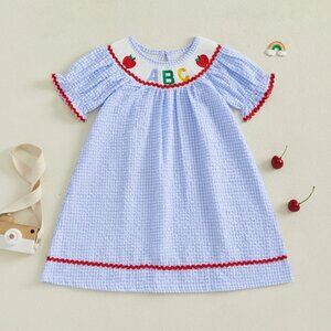 Back to School Girls Blue Smocked ABC Alphabet Short Sleeve Dress